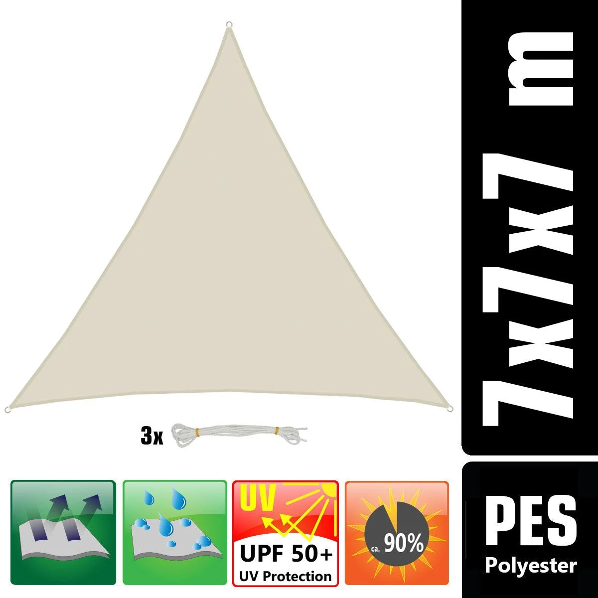 AMANKA 7x7x7 Wasserdichtes Beige Sonnensegel Mit Befestigung 2 AMANKA 7x7x7 Wasserdichtes Beige Sonnensegel Mit Befestigung – Bild 2